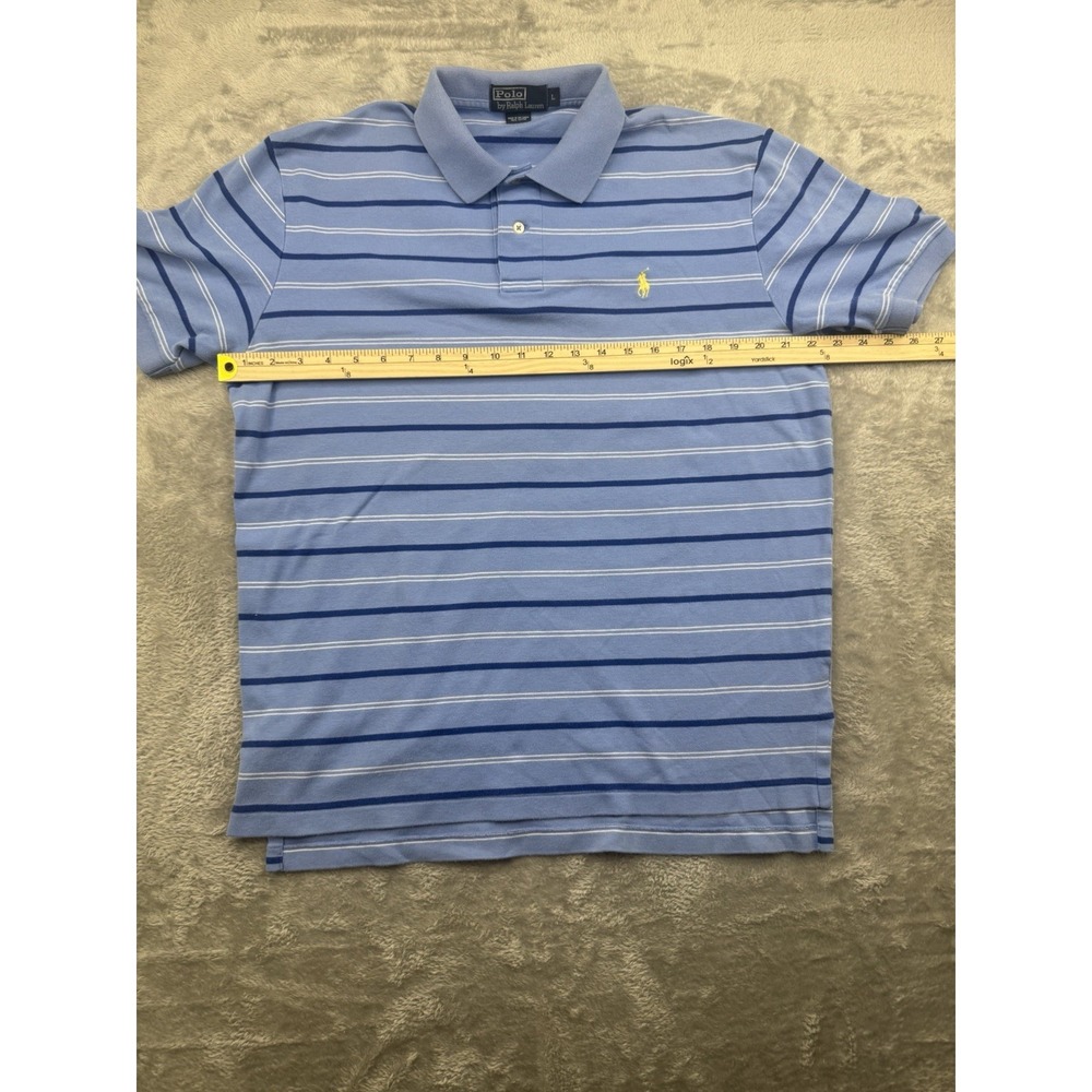Polo Ralph Lauren Mens L Blue Striped Polo Shirt Yellow Pony Short Sleeve - Picture 8 of 14